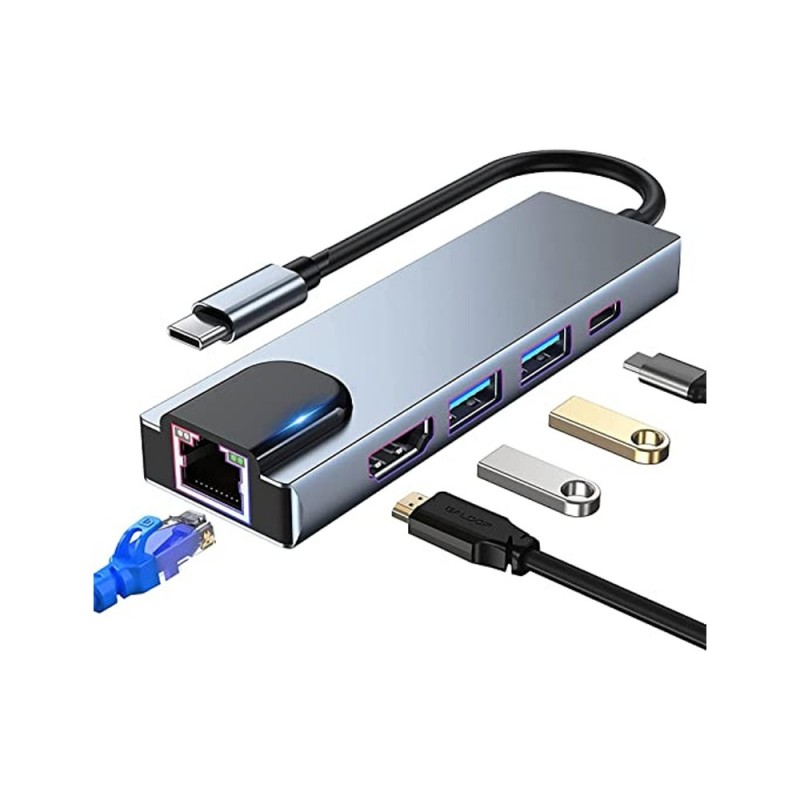 ADAPTADOR USB-C MACHO P/ REDE/HDMI/USB3.0 X2/USB-C FEMEA