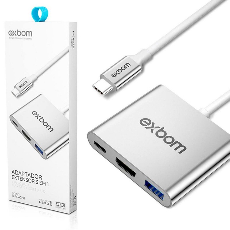 ADAPTADOR 3 EM 1 VIDEO TIPO C PARA HDMI USB 3.0 EXBOM U3V-A3N1